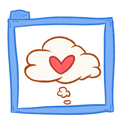 A heart in a thought bubble, inside of a transparent blue folder.